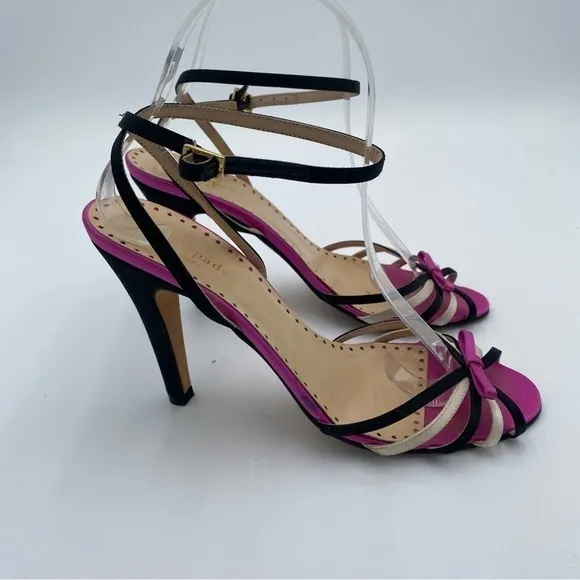 KATE SPADE NEW YORK PINK SATIN BOW STRAPPY SIZE 6 1/2 OPEN TOE 3” HEELS