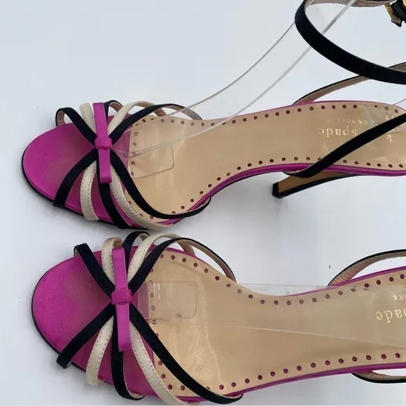 KATE SPADE NEW YORK PINK SATIN BOW STRAPPY SIZE 6 1/2 OPEN TOE 3” HEELS