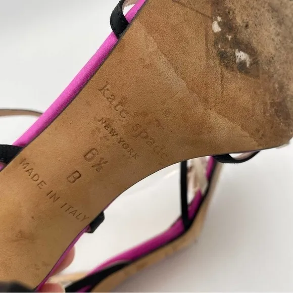 KATE SPADE NEW YORK PINK SATIN BOW STRAPPY SIZE 6 1/2 OPEN TOE 3” HEELS