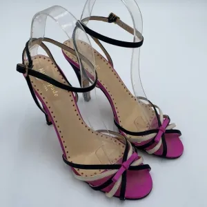 KATE SPADE NEW YORK PINK SATIN BOW STRAPPY SIZE 6 1/2 OPEN TOE 3” HEELS