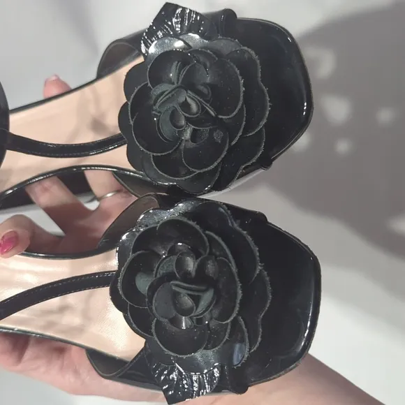 Kate Spade Womens High Heels Floral Black Patent Leather Peep Toe Platform sz 9