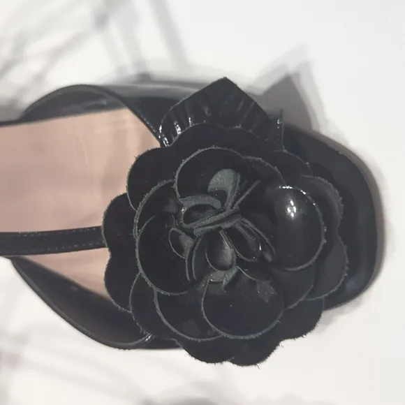 Kate Spade Womens High Heels Floral Black Patent Leather Peep Toe Platform sz 9