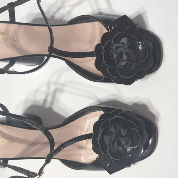 Kate Spade Womens High Heels Floral Black Patent Leather Peep Toe Platform sz 9