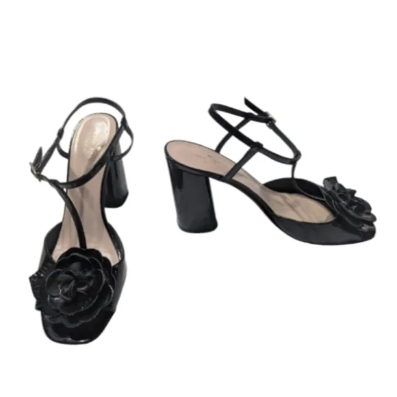 Kate Spade Womens High Heels Floral Black Patent Leather Peep Toe Platform sz 9