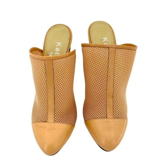 Katia Giannini Beige Leather and Mesh Mules Slip On Designer Pumps SZ 36 EU NIB