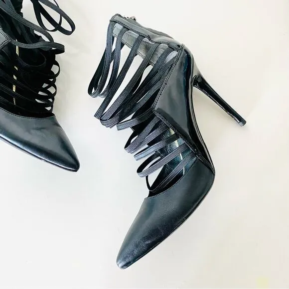 KENNETH COLE Black Two Tone Patent Leather Elastic Strappy Zipper Pumps Heels 8