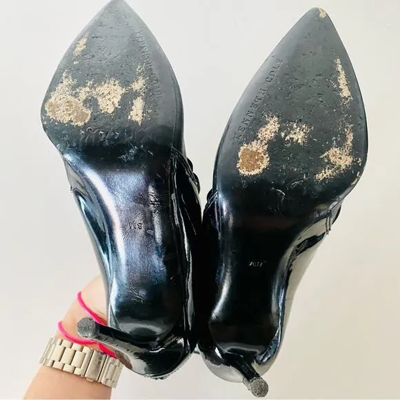 KENNETH COLE Black Two Tone Patent Leather Elastic Strappy Zipper Pumps Heels 8