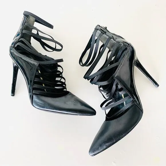 KENNETH COLE Black Two Tone Patent Leather Elastic Strappy Zipper Pumps Heels 8