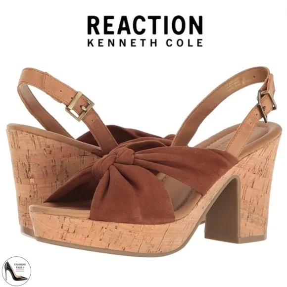 Kenneth Cole Reaction Tole Booth Brown Suede Block Heel Sandal Cork Platform 8.5