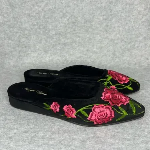 Kevyn Wynn Black Velvet Almond Toe Slides Mules Slipper Embroidered Flowers Sz 6