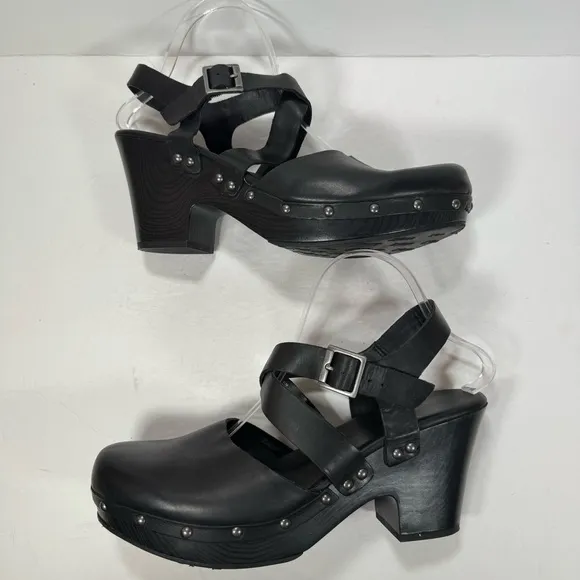 Korks Abloom Black Leather Studded Platform Heeled Clogs Women Size 11M
