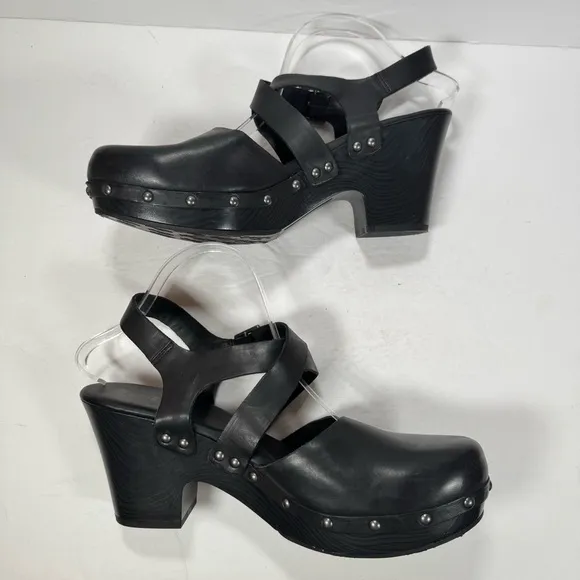Korks Abloom Black Leather Studded Platform Heeled Clogs Women Size 11M