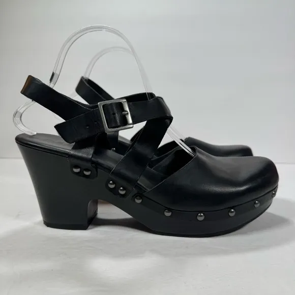 Korks Abloom Black Leather Studded Platform Heeled Clogs Women Size 11M