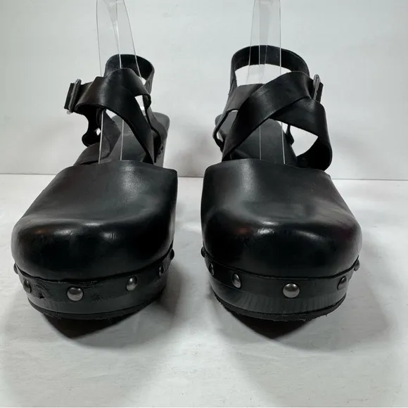 Korks Abloom Black Leather Studded Platform Heeled Clogs Women Size 11M