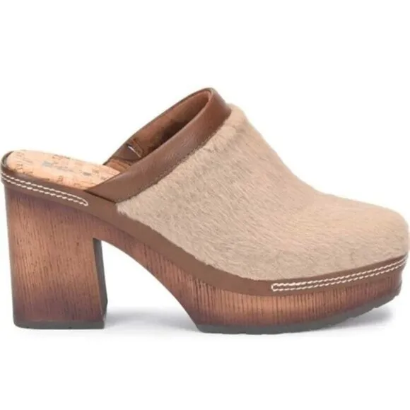 Korks Lori Clogs Taupe Faux Fur Brown Heels Slip-on Mules Chunky Platform  7