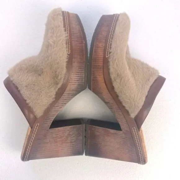Korks Lori Clogs Taupe Faux Fur Brown Heels Slip-on Mules Chunky Platform  7