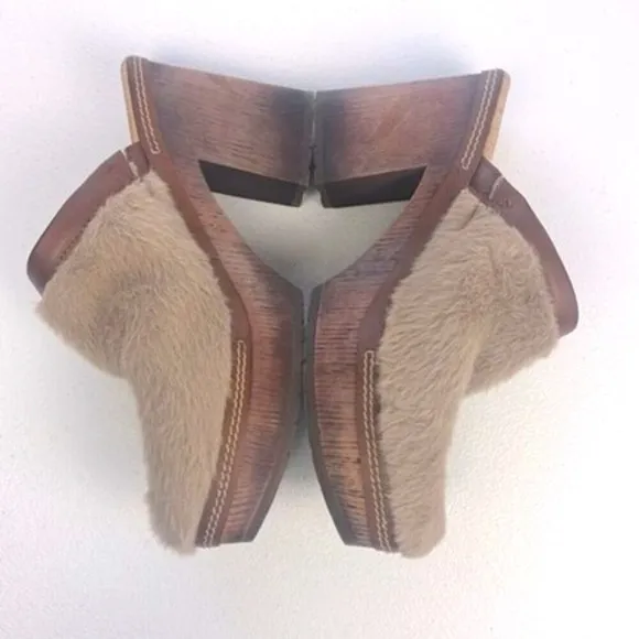 Korks Lori Clogs Taupe Faux Fur Brown Heels Slip-on Mules Chunky Platform  7