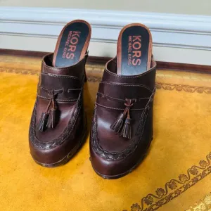 KORS Michael Kors Brown Italian Leather Tassel Heeled Mules Slip Ons Clogs 9.5