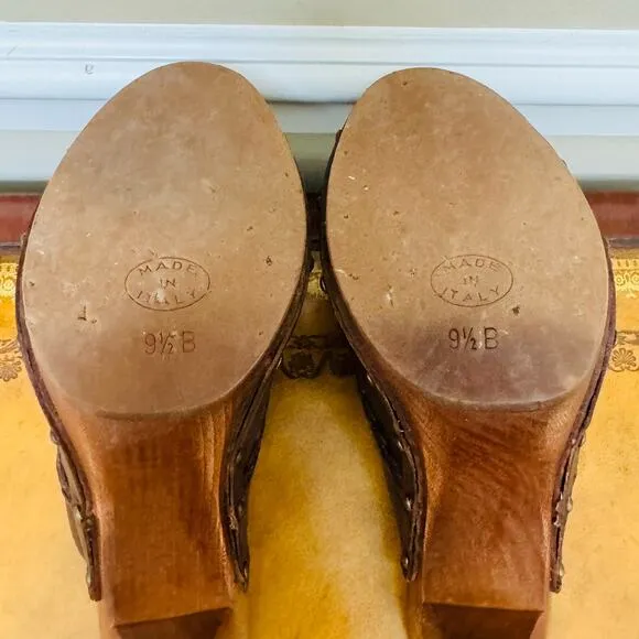 KORS Michael Kors Brown Italian Leather Tassel Heeled Mules Slip Ons Clogs 9.5