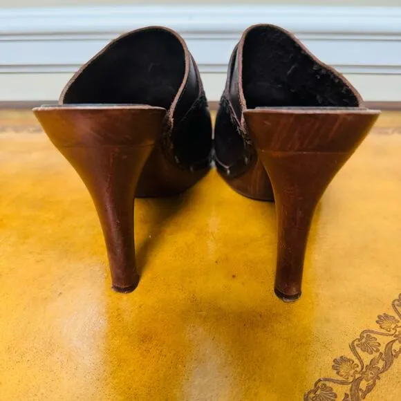 KORS Michael Kors Brown Italian Leather Tassel Heeled Mules Slip Ons Clogs 9.5