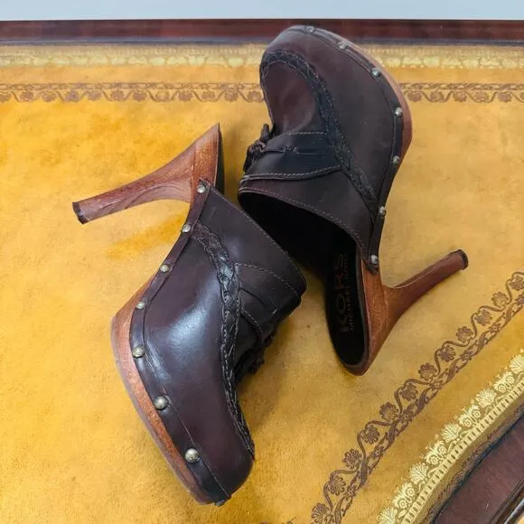 KORS Michael Kors Brown Italian Leather Tassel Heeled Mules Slip Ons Clogs 9.5