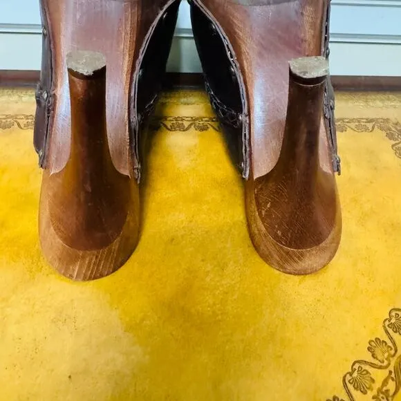 KORS Michael Kors Brown Italian Leather Tassel Heeled Mules Slip Ons Clogs 9.5