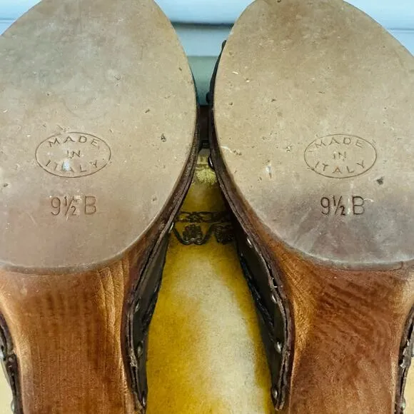 KORS Michael Kors Brown Italian Leather Tassel Heeled Mules Slip Ons Clogs 9.5