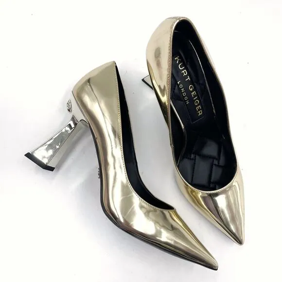 Kurt Geiger Stiletto Pumps Gold Leather Courts Pointed Toe Heels Sz 35.5 / 5.5