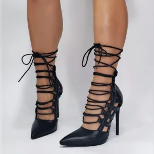Lace Up Strappy Stiletto Pointed Toe Heels, Black 9
