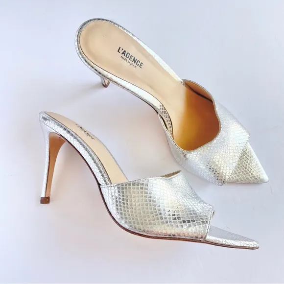 L’agence Lolita Open Toe Pointed Mules Heel Silver Lagence L Agence‎