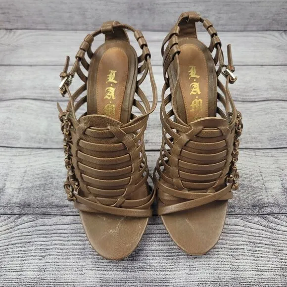 L.A.M.B Brown Leather Strappy Sandals Heels Size 6
