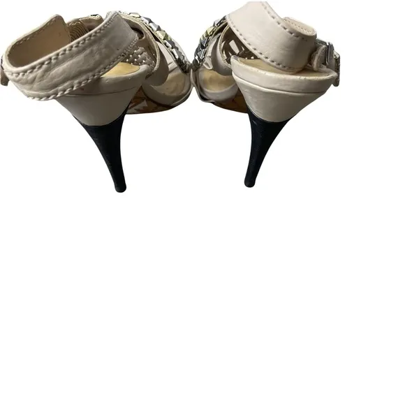 L.A.M.B 'Dakota' Cream Leather Strappy Woven Studded  Stiletto Sandal Heels 7.5M