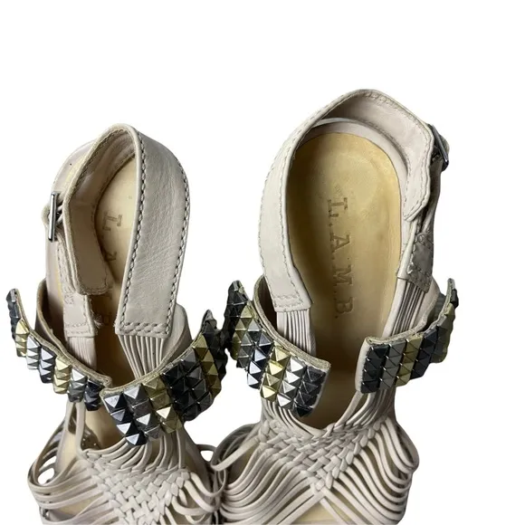 L.A.M.B 'Dakota' Cream Leather Strappy Woven Studded  Stiletto Sandal Heels 7.5M