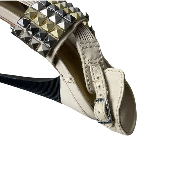 L.A.M.B 'Dakota' Cream Leather Strappy Woven Studded  Stiletto Sandal Heels 7.5M
