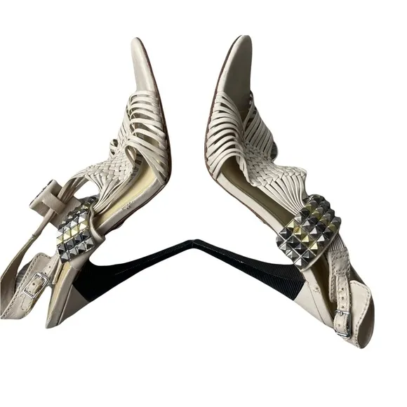 L.A.M.B 'Dakota' Cream Leather Strappy Woven Studded  Stiletto Sandal Heels 7.5M