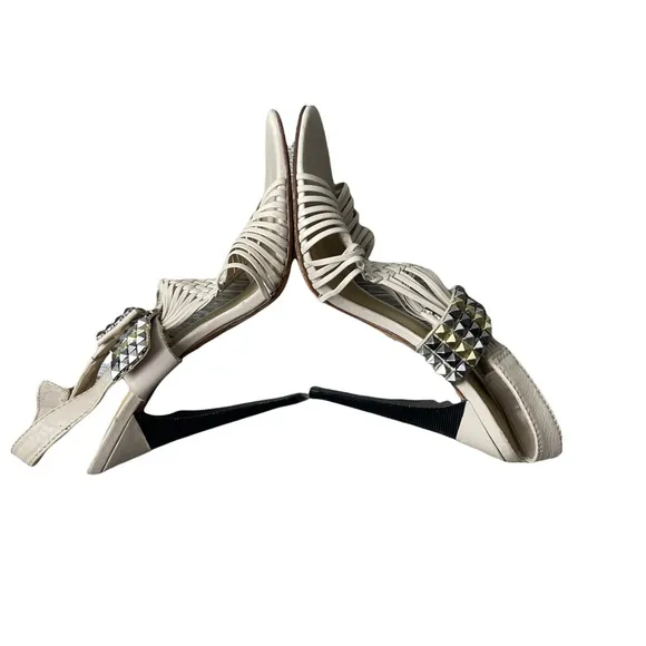 L.A.M.B 'Dakota' Cream Leather Strappy Woven Studded  Stiletto Sandal Heels 7.5M