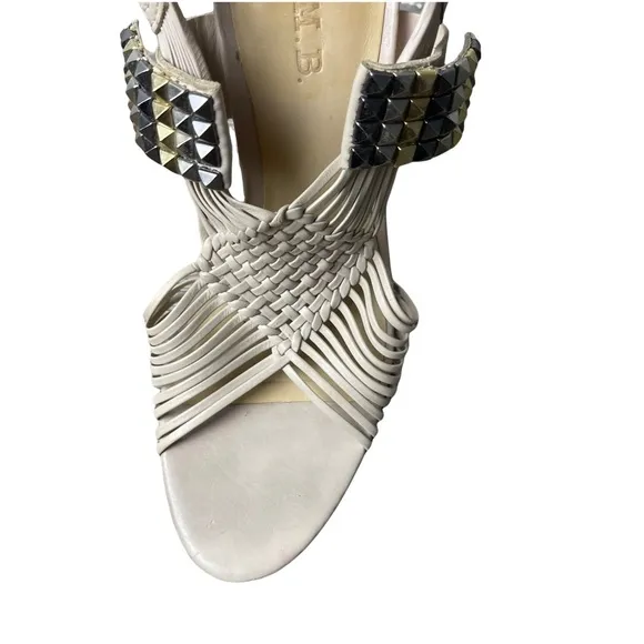 L.A.M.B 'Dakota' Cream Leather Strappy Woven Studded  Stiletto Sandal Heels 7.5M