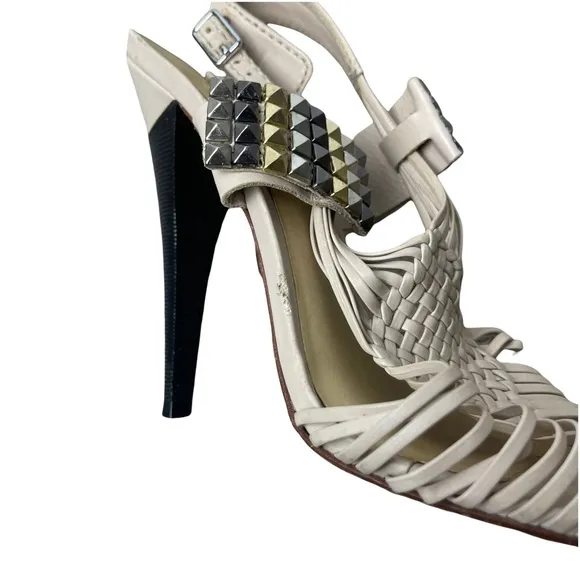 L.A.M.B 'Dakota' Cream Leather Strappy Woven Studded  Stiletto Sandal Heels 7.5M