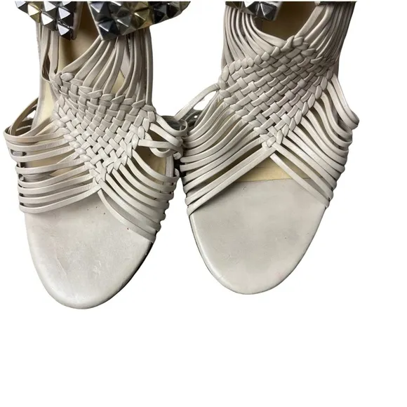 L.A.M.B 'Dakota' Cream Leather Strappy Woven Studded  Stiletto Sandal Heels 7.5M