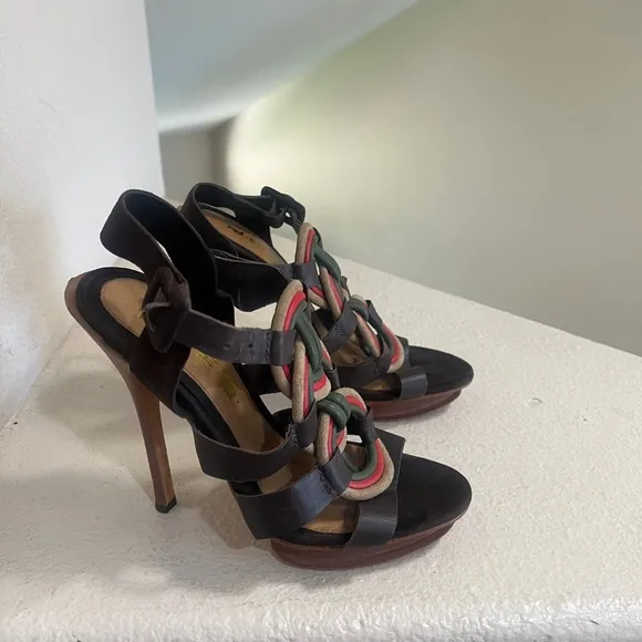 L.A.M.B.‎ Gwen Stefani Women's Strappy Braided Leather Heels Stacked Size 8.5