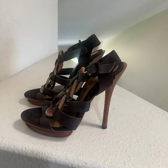 L.A.M.B.‎ Gwen Stefani Women's Strappy Braided Leather Heels Stacked Size 8.5