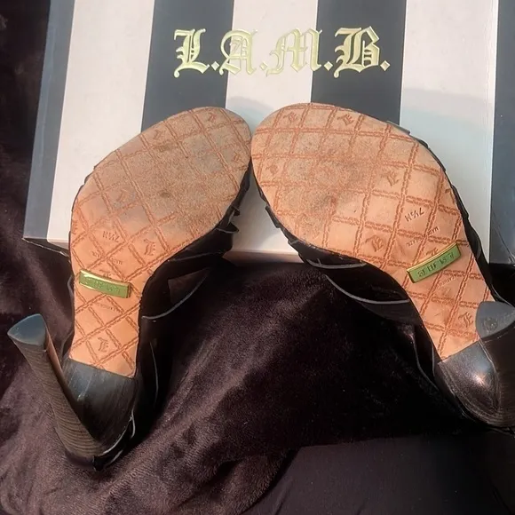 L.A.M.B. Strappy Black Leather Heels. Pristine Condition. Authentic!