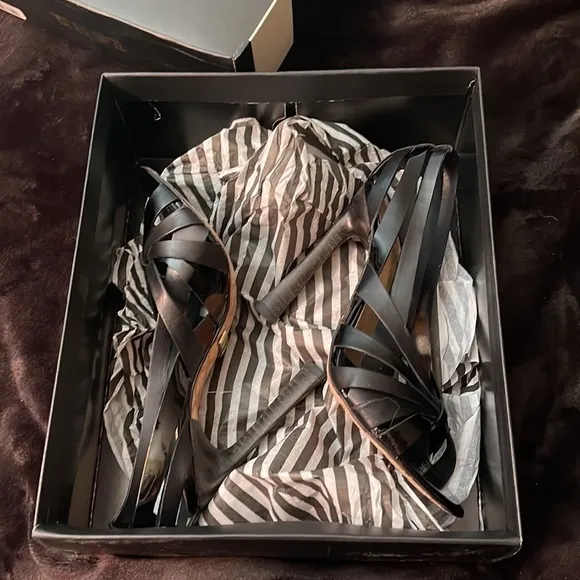 L.A.M.B. Strappy Black Leather Heels. Pristine Condition. Authentic!