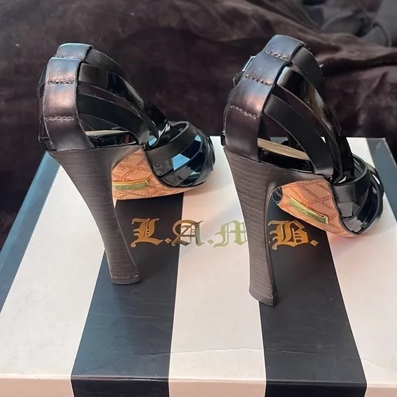 L.A.M.B. Strappy Black Leather Heels. Pristine Condition. Authentic!