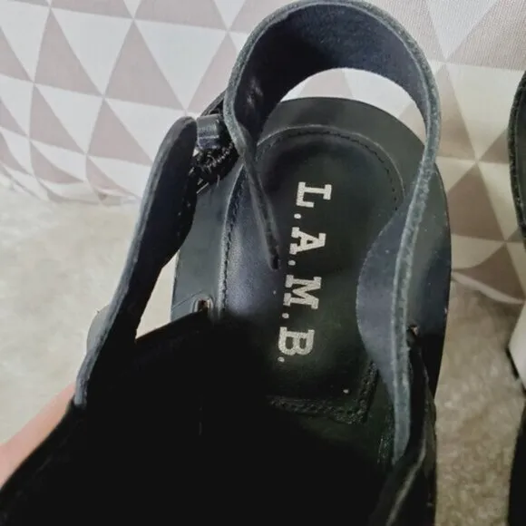 L.A.M.B Valiant Avant Garde Wood Block Heel Leather Mod Goth Strappy Heels 10