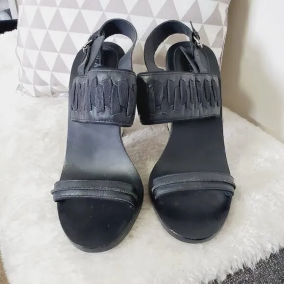 L.A.M.B Valiant Avant Garde Wood Block Heel Leather Mod Goth Strappy Heels 10