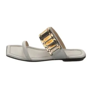 Lanvin Authentic White Gold Chain Link Leather Flat Slides Sandals 7