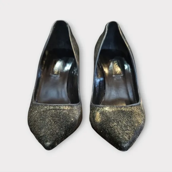 Lanvin Black &amp; Metallic Gold Calf Hair Pointed Toe Pumps