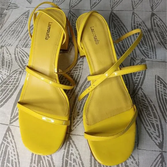 Larroude Gio Yellow Heels Patent Strappy Retro Chunky Heel New
