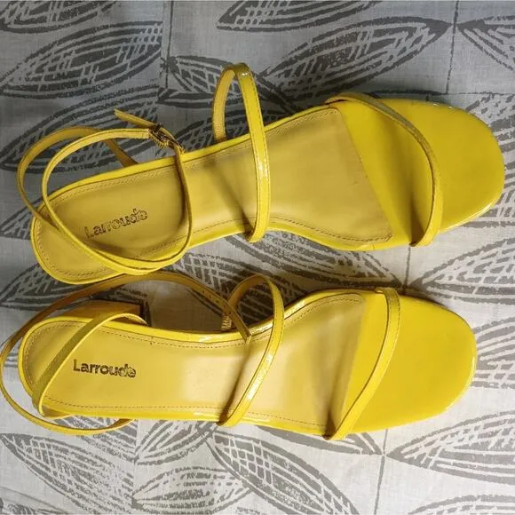 Larroude Gio Yellow Heels Patent Strappy Retro Chunky Heel New
